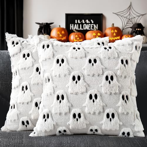 MIULEE Halloween Ghost Pillow Covers, 20x20 Inch Plush Faux Wool, Set of 2