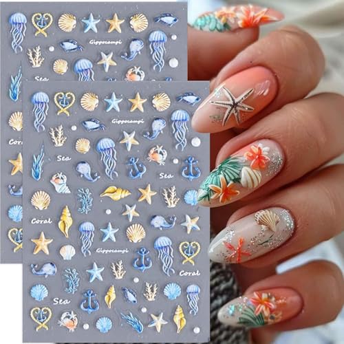 KAICCOSO 5D Embossed Starfish & Shell Nail Stickers - 3 Sheets Summer Beach DIY Manicure Decals
