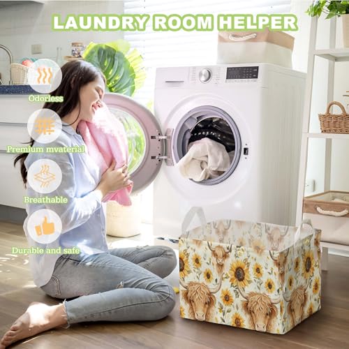 Sunflower Highland Cow Storage Basket - Large Canvas Laundry Hamper