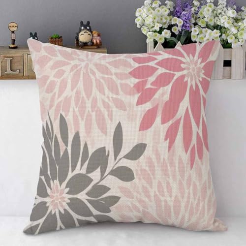 Mugod Dahlia Floral Throw Pillow Cover, 18x18 Inch Abstract Pink Grey Cushion