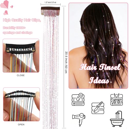 Clip-In Hair Tinsel Extensions - 18 Pcs 20-Inch Colorful Glitter Fairy Hair