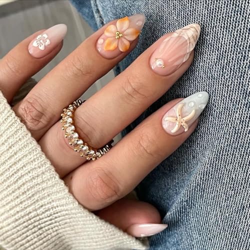 Short Almond Press On Nails Fall Flower French Tip Fake Nails 24Pcs