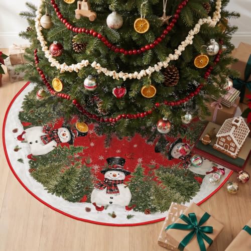 Red Christmas Tree Skirt 60 Inch for 7.5-9ft Trees Snowman Cedar Cardinals