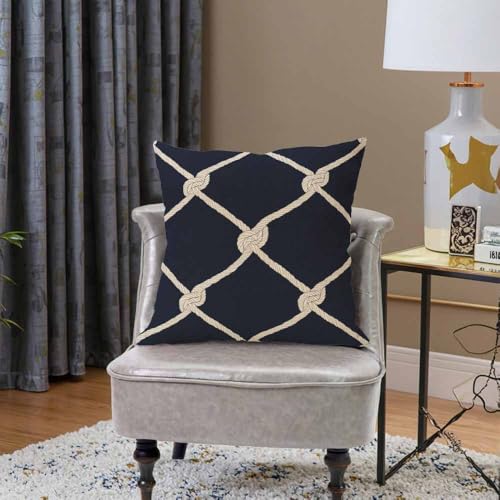 Nautical Rope Throw Pillow Cover 18x18, Maritime Navy Blue Cushion Case