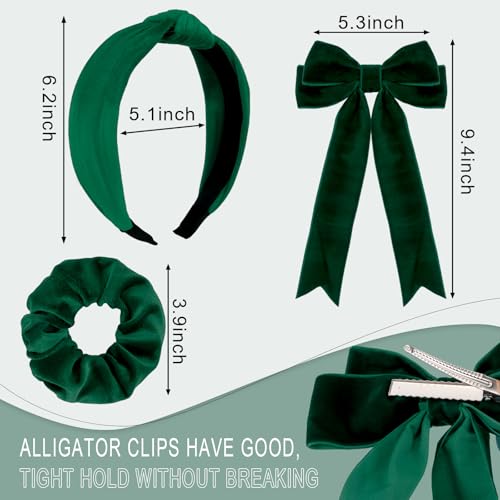 FASOTY Dark Green Velvet Hair Accessories Set for Girls, 3-Piece Bow, Headband and Hair Tie