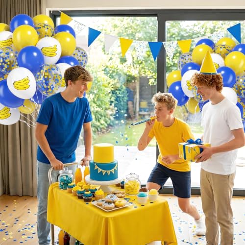 Blue Yellow White Balloon Kit 60pcs 12inch Latex Party Balloons with Print & Confetti