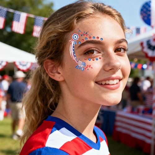 Patriotic Red White and Blue Glitter Freckle Face Tattoo Stickers 12Pcs