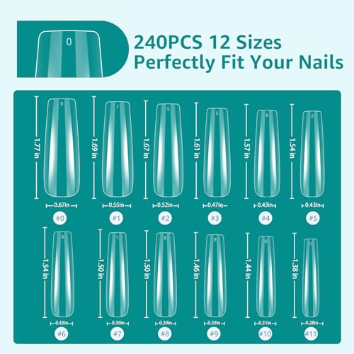 XXL Extra Long C Curve Square Nail Tips - 240PCS Clear Full Cover Fake Acrylic Nails