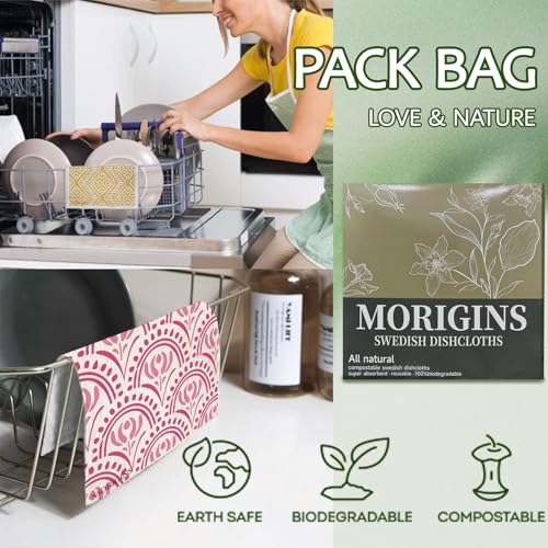 Morigins Swedish Kitchen Towel Set - 8 Pack Reusable Orange Sponge Cloths