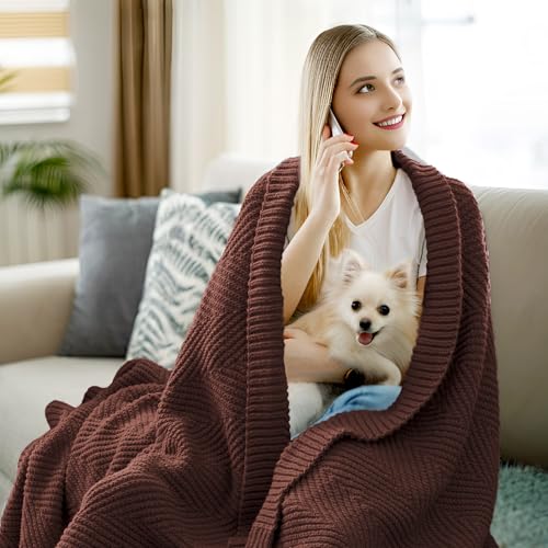 Brown Knitted Throw Blanket for Couch 50x60 Chevron Bed Knit Throws - LONG CREATE