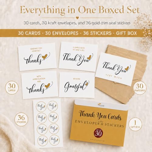 30 Elegant Thank You Cards with Envelopes & Stickers - 4 x 6