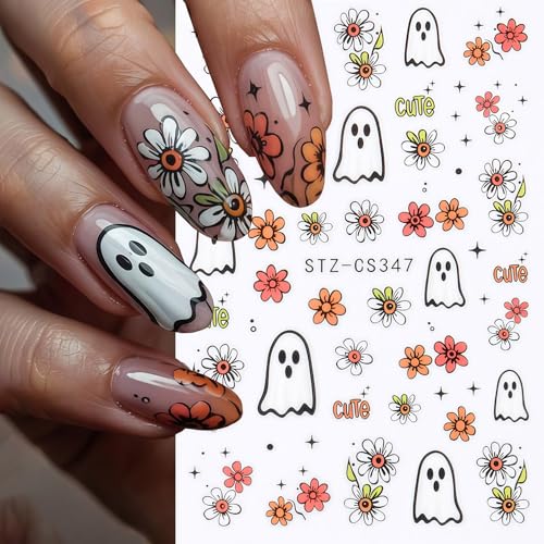 6 Sheets Ghost Nail Stickers 3D Self-Adhesive Spooky Floral Fall Decals