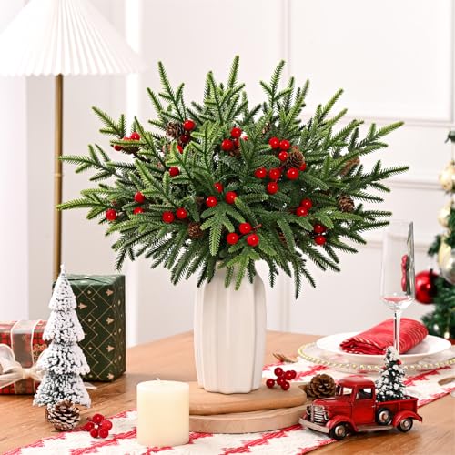 Green 15 Pack Artificial Norfolk Pine Stems with Pine Cones & Red Berries - Christmas Decor