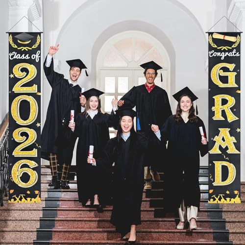 Black Gold Graduation Banner Set for Class of 2026 - Congrats Grad