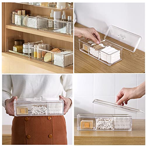 Clear Acrylic 3-Compartment Cotton Swab & Q-Tip Holder with Lid