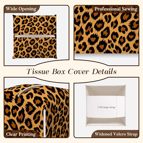 Leopard Print Tissue Box Cover Leather Square Dispenser for Home & Office - LTazhyi