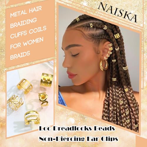 NAISKA 30Pcs Gold Hair Cuffs and Dreadlock Beads for Braids