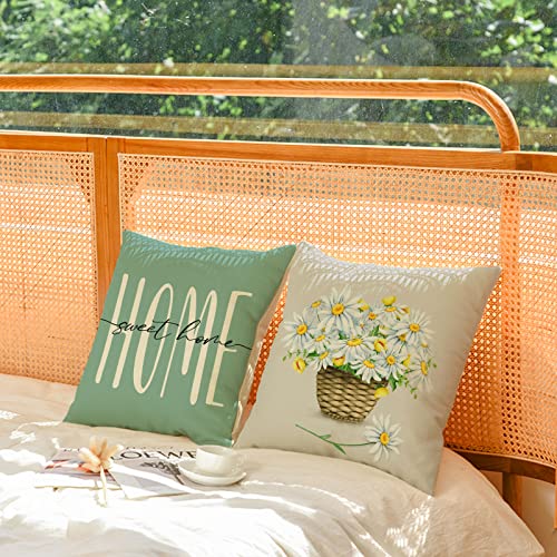 Daisy Throw Pillow Covers Set of 4 | 16x16 Cotton Linen Cushions for Summer Decor