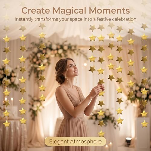 Gold Star Garland - 131FT Glitter Paper Star String for Parties