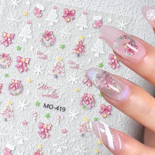 Christmas Nail Stickers 3D Embossed Pink Snowflake Decals 3 Sheets