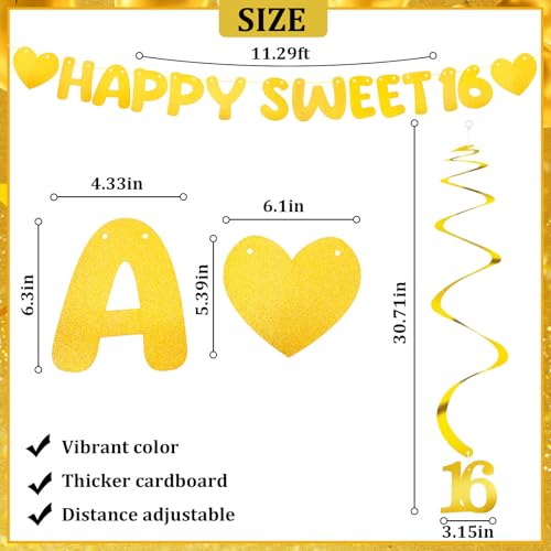 Happy Sweet 16 Birthday Banner & 6 Hanging Swirls Set