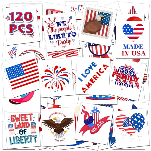 4th of July Temporary Tattoos - 120 PCS USA Flag Patriotic Designs
