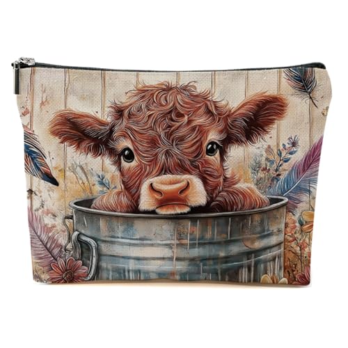 Cow Floral Makeup Bag Western Ranch Toiletry Pouch Travel Storage