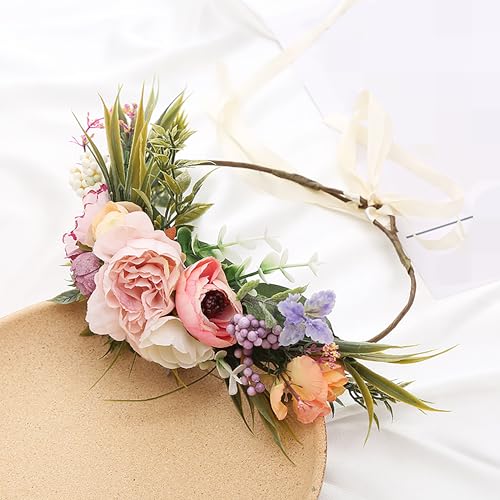 Floral Crown Rose Headband Adjustable Flower Halo for Wedding Party