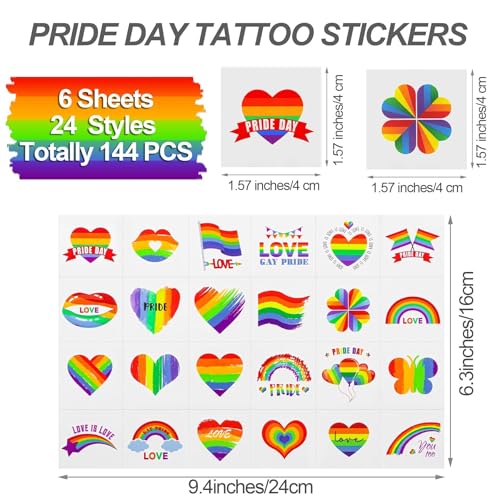 Fovths 144 Pcs Rainbow Temporary Tattoos Waterproof Pride Festival Body Stickers