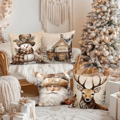 Lanpn 18x18 Christmas Throw Pillow Covers, Set of 4 Festive Cushion Cases