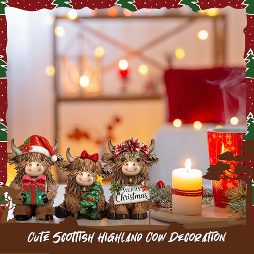 3 Pcs Christmas Highland Cow Figurine Decor - Resin Christmas Decorations, Highland Cow Set - Christmas Variation