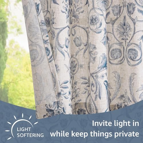 jinchan Linen Floral Kitchen Tier Curtains, 26"W x 24"L, 2 Panels - Blue on Beige