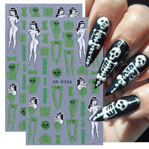 TailaiMei Glow in the Dark Halloween Nail Stickers Skeleton Bones Decals