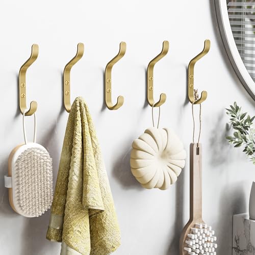 Gold Double Wall Hook for Hanging Coats - 22lbs Capacity, 5 Pack