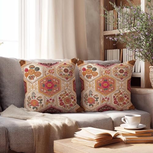 Moroccan Floral Throw Pillow Covers 18x18 Set of 2, Boho Decorative Cushions