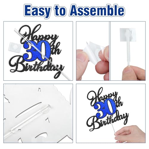 Happy 16th Birthday Cake Topper - Black Blue Glitter Decoration