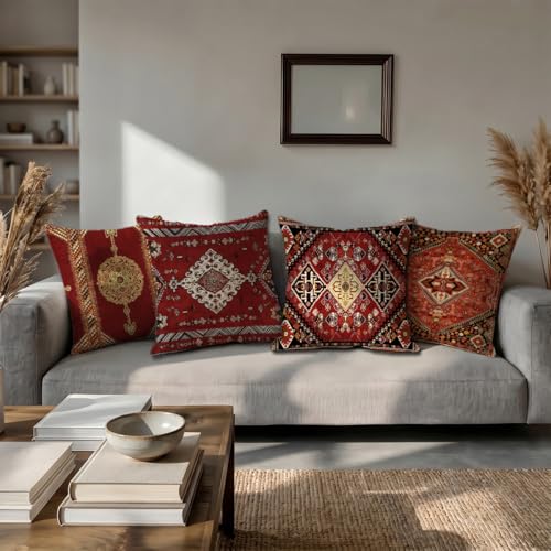 Set of 4 Red Kilim Throw Pillow Covers - 18x18 Inch Bohemian Decor