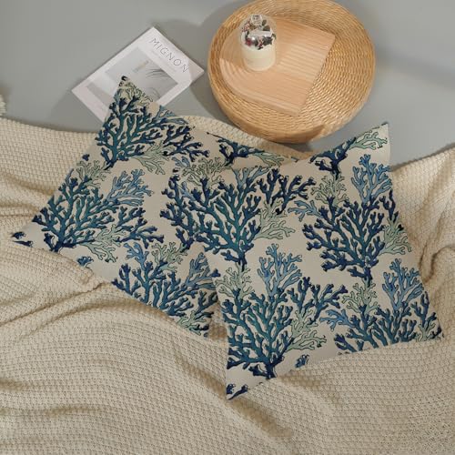 AGAYNA Navy Blue Coral Coastal Throw Pillow Covers 18x18 Set of 2