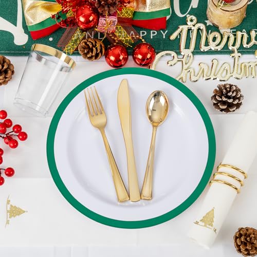 Ciaell 175PCS Christmas Plastic Party Plates Set - White & Green, Green Grid Variation