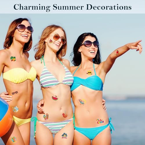 Summer Pool Party Temporary Tattoos - 144 Pcs Hawaiian Luau Beach Stickers