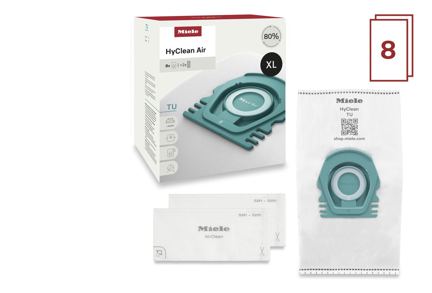 Miele HyClean Air TU Vacuum Cleaner Bags for Miele Guard L1 Vacuum Cleaners, XL Pack of 8 Vacuum Bags and 2 AirClean Exhaust Filters – 12909620
