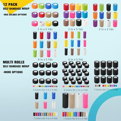 12 Pack Self Adhesive Bandage Wrap, 1 in x 5 Yards Non-Woven Self Adherent Cohesive Bandage, Vet Wrap Wound Tape for Thumb Finger Wrist Knee Ankle, White