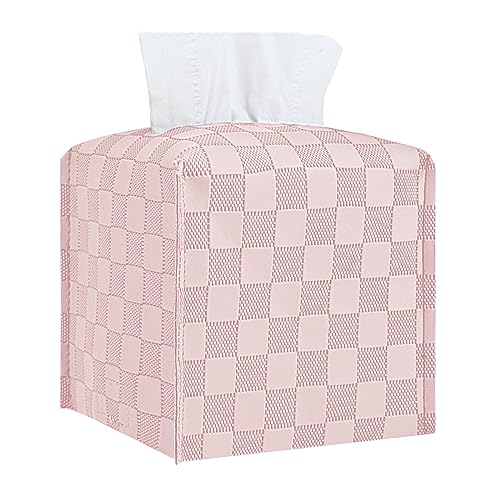 TOGETRUE Square Tissue Box Cover - Chessboard PU Leather Holder, Pink