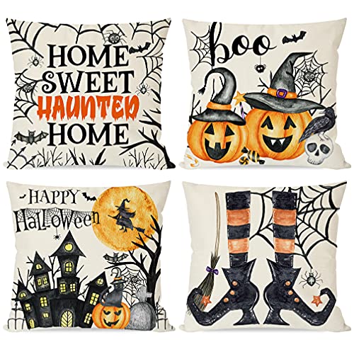 PANDICORN Halloween Throw Pillow Covers 18x18, Set of 4 Spooky Farmhouse
