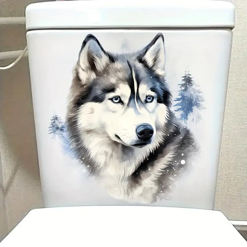 Wolf and Floral Pattern Toilet Lid Decal - Waterproof Self-Adhesive Sticker