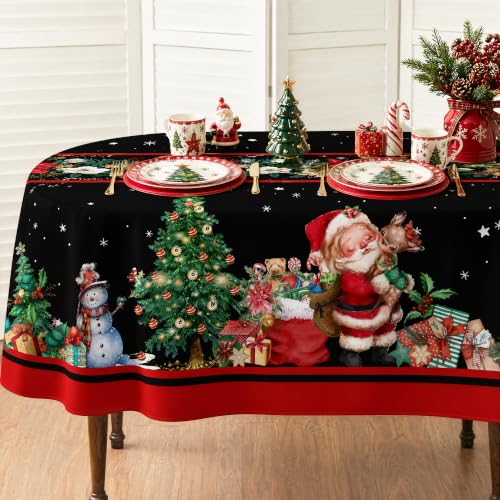 Christmas Tablecloth 60x84 Inch Oval Santa Snowman Poinsettia Vintage Polyester