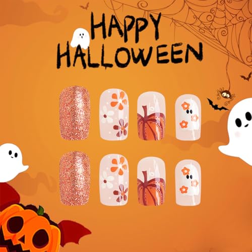 Halloween Press on Nails Medium Square Cute Ghost Pumpkin Fake Nails Kit