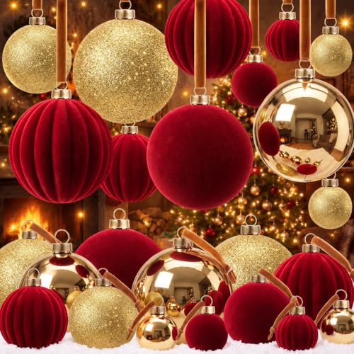 Velvet Christmas Tree Ornaments Set Burgundy Gold 36 Pcs - Red & Gold Variation
