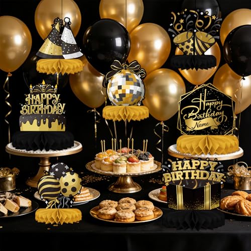 Black Birthday Decorations Set - Black and Gold Honeycomb Centerpieces