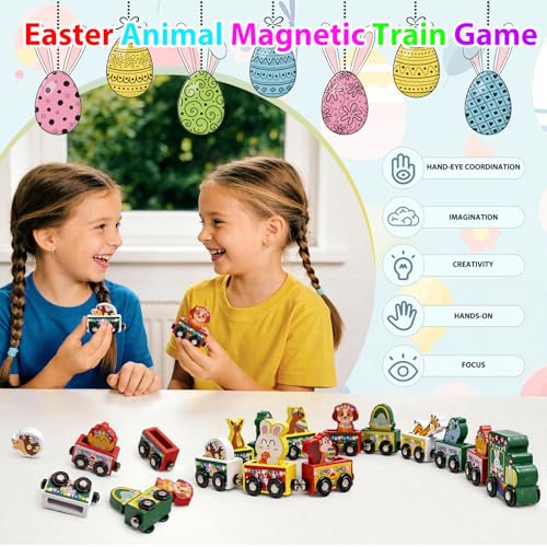 Magnetic Wooden Easter Train Toy for Toddlers - Green Animal & Egg Design